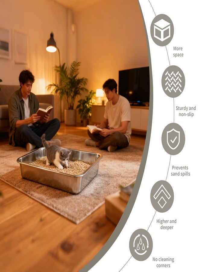 MXCELL Stainless Steel Sifting Cat Litter Box - 17.5" x 13.5" x 4" Metal High Sided Open Top Cat Pan Sifting Non Stick Surface Litterbox Odor Control Non-Clumping with Scoop Litter Mat Trash Bag - Image 5